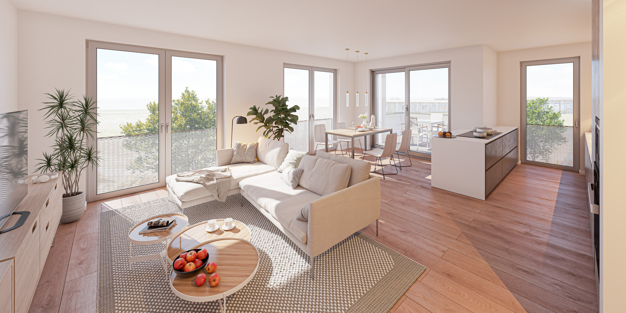 Eleganter Wohnraum mit großen Fenstern
