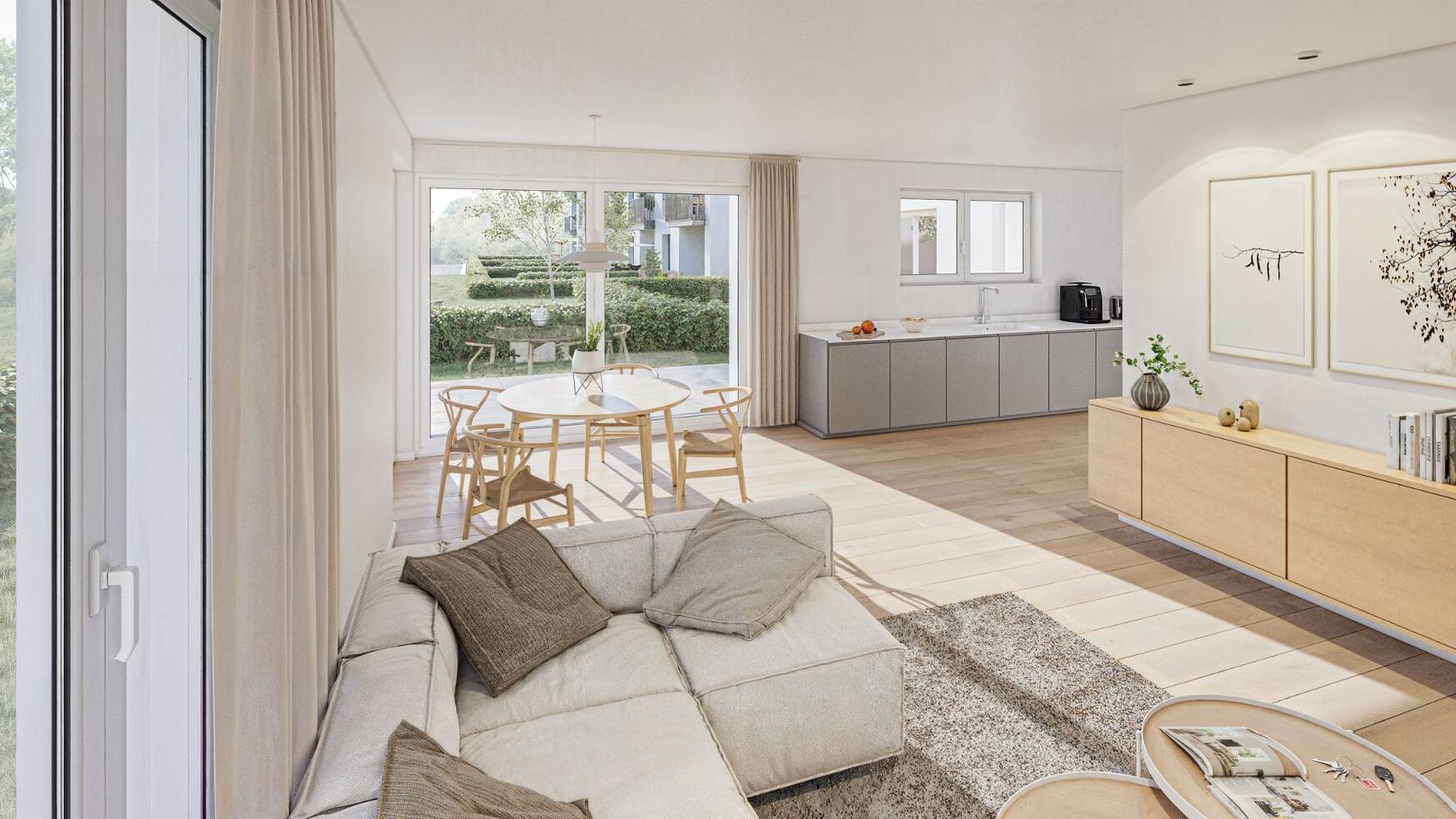 Helles Wohnzimmer und Essbereich einer modernen Eigentumswohnung im Neubauprojekt Vista Sol No. 4 in Schwäbisch Hall mit Blick auf den Garten und hochwertiger Innenausstattung.