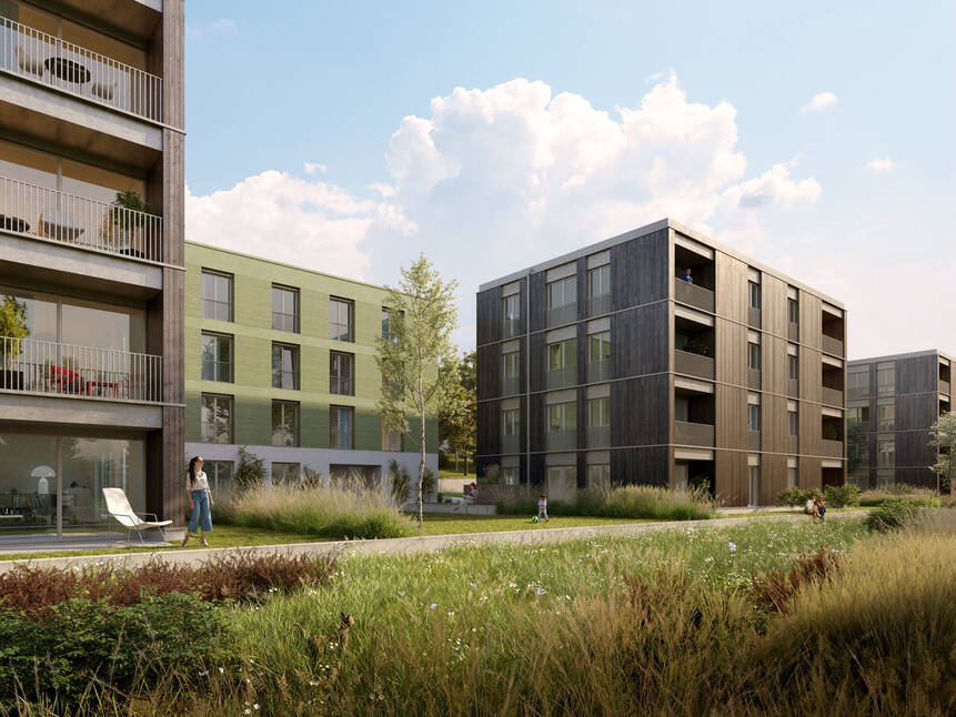 Moderne Neubauwohnungen im Wohnprojekt Seven in Ulm-Safranberg mit stilvoller Architektur und grüner Umgebung.