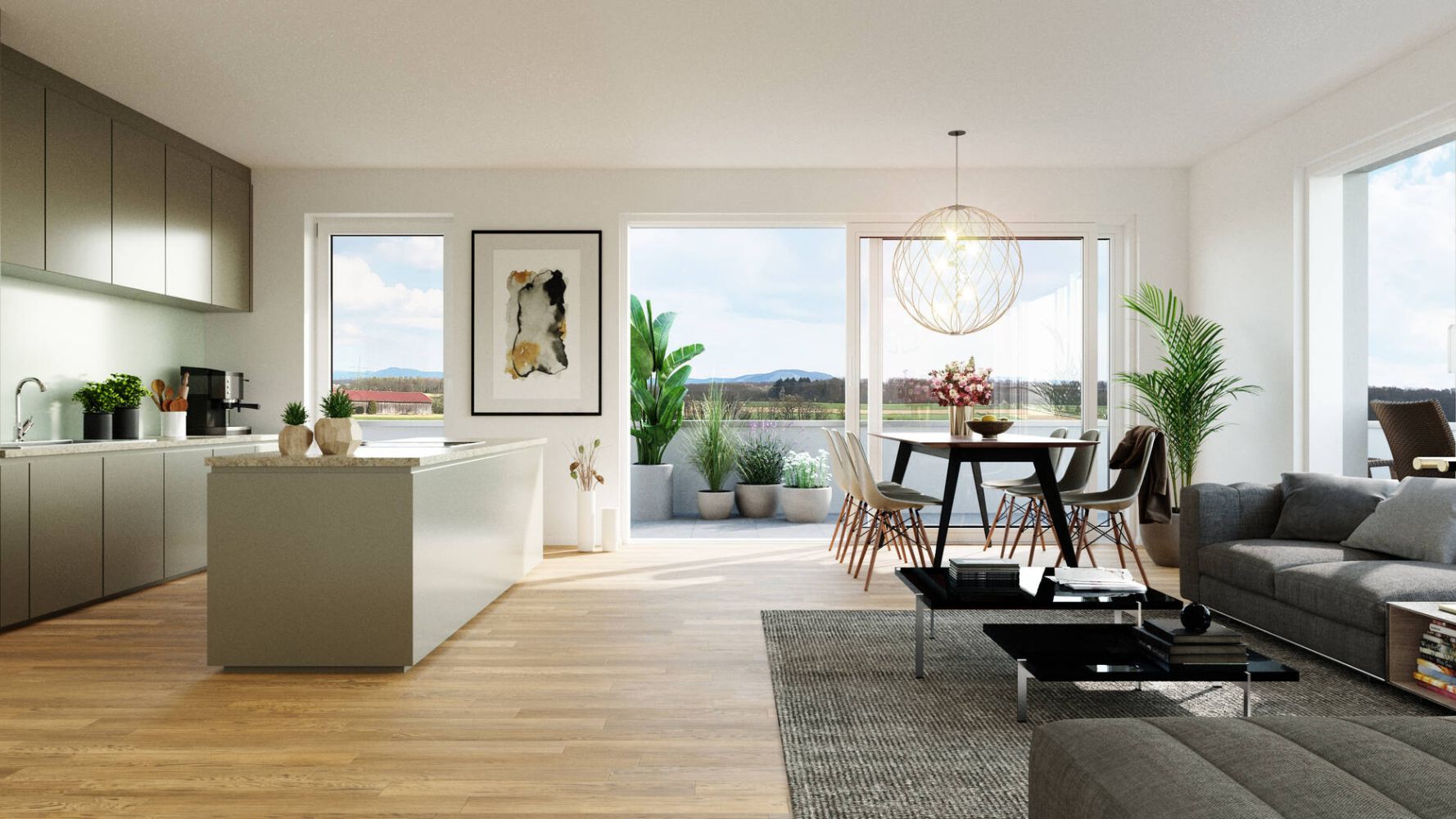 Designorientiertes Wohnzimmer mit offener Küche und Blick ins Grüne in einer Neubauwohnung in AltdorfDesignorientiertes Wohnzimmer mit offener Küche und Blick ins Grüne in einer Neubauwohnung in Altdorf